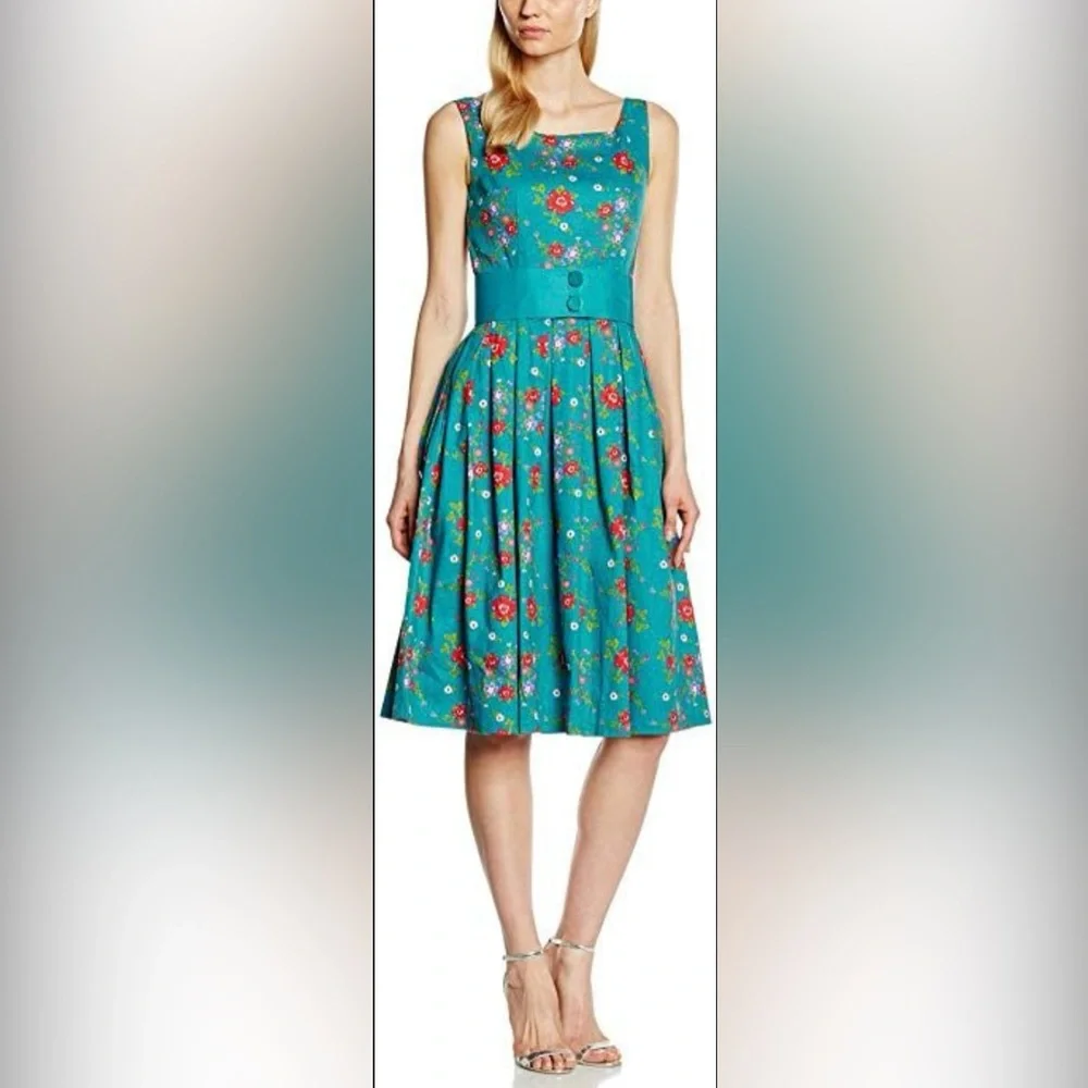 Lindy Bop Lana Teal Floral Party Dress NWT Rockabilly Size 6 - Picture 4 of 13